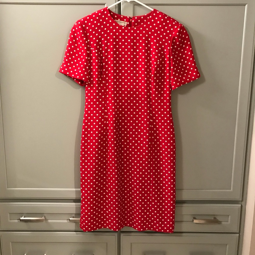 Red and ivory polka dot dress.